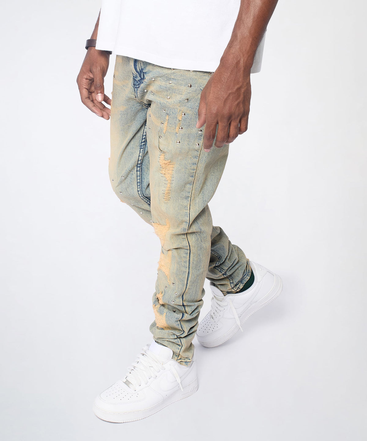 Ladder Distressed Studded Skinny Jean - Blue